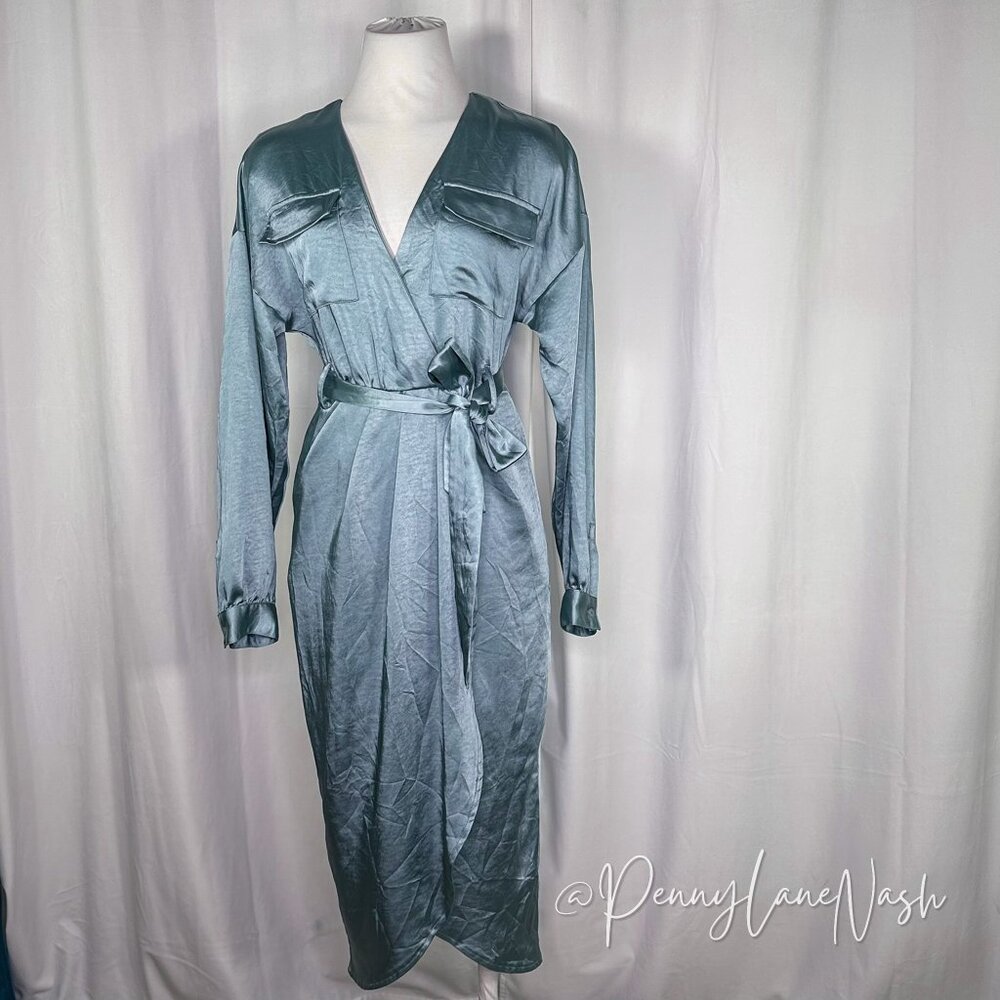 Garota Satin Faux Wrap Midi Dress Blue - Picture 4 of 14